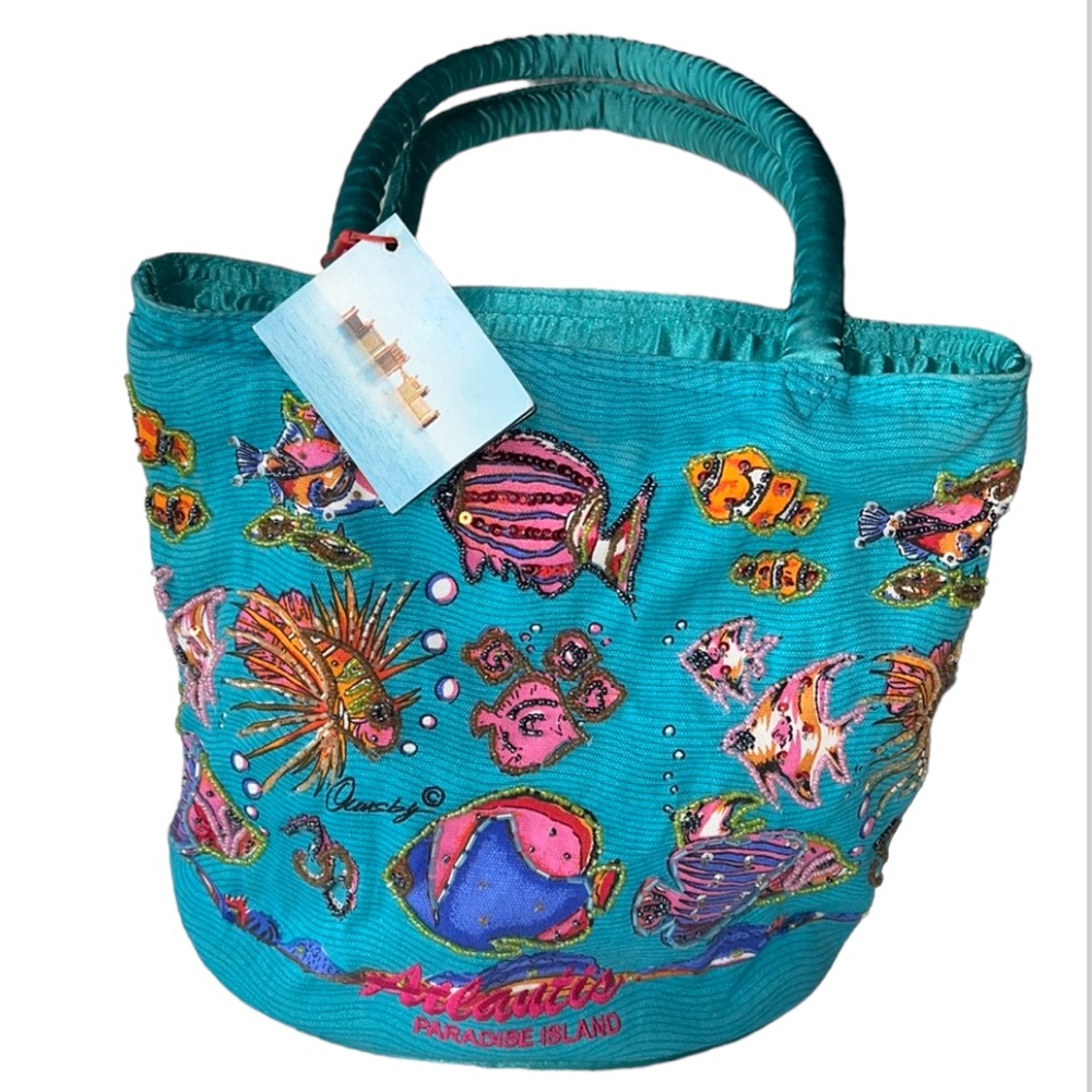 Atlantis Paradise Island Beach Tote Bag Beads Sequins and Satiny Aqua and Fish